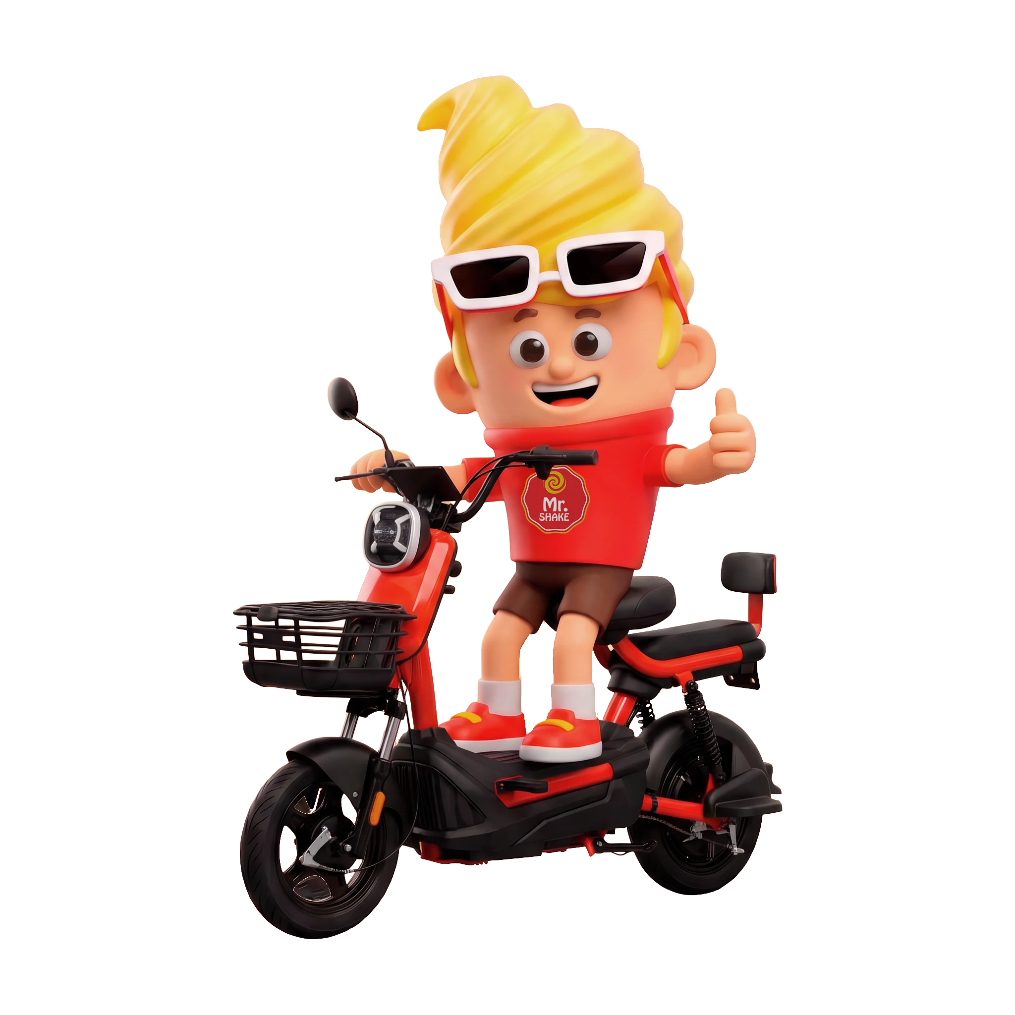 Mascote Mr. Shake andando de motocicleta